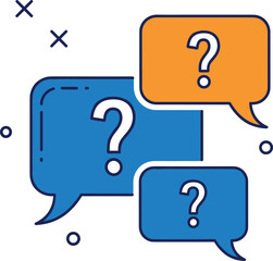 Multiple overlapping speech bubble icons with question marks, representing communication, asking for help, frequently asked questions (FAQ), support, confusion, and customer service flat vector illust