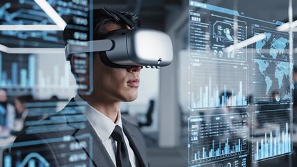 Businessperson wearing virtual reality headset interacts with floating digital interface displaying global maps and data charts in modern office environment - Powered by Adobe