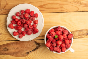 Sweet fresh raspberries, top view, macro.