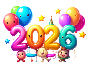 Fun Cartoon “2026” Children’s Logo with Stars and Party Elements.j