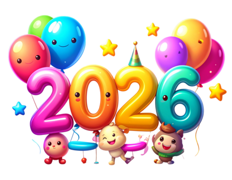 Fun Cartoon “2026” Children’s Logo with Stars and Party Elements.j