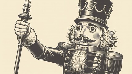 Detailed woodcut style illustration of a nutcracker soldier holding a staff
