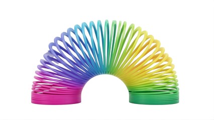 A vibrant rainbowcolored slinky toy, stretched into an arch shape, isolated on white background