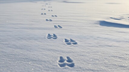 A long trail of animal paw prints clearly visible in the pristine white snow