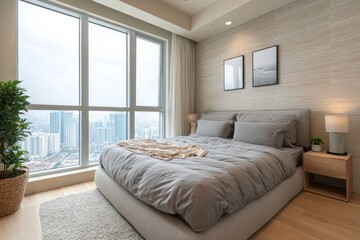 Fototapeta premium Modern bedroom with city view and large window.