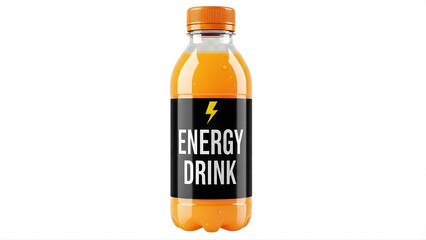 Orange energy drink bottle with a black label and lightning bolt symbol, isolated on white background