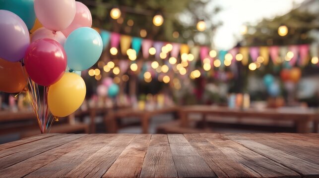 Balloons in various colors float to the side in a lively setting filled with string lights and colorful banners. Wooden tables provide a rustic touch to the outdoor festivity.