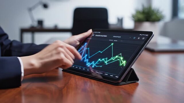 Person interacting with digital tablet displaying financial charts on wooden desk in modern office environment Hand gestures highlight data points across graph lines
