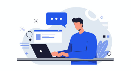 Man Working on Laptop with Chat Bubble.