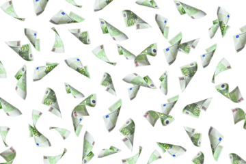 Flying many 100 euro cash banknotes