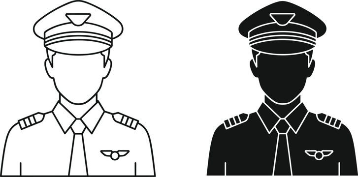 Pilot icon, aviation uniform, airline captain, flight crew illustration, black and white vector, aviation profession, travel industry, pilot symbol