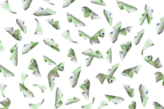 Flying many 100 euro cash banknotes