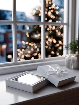 Christmas Gift Box by Window with Winter Lights