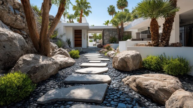 Modern desert landscape design with white architecture, stepping stone path, black pebbles, boulders, and palm trees under a clear blue sky
