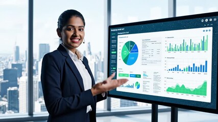 Businessperson presenting financial data on large screen in modern office with cityscape view Person gestures toward display showing charts and graphs Static camera shot - Powered by Adobe
