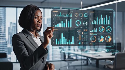 Businessperson observing digital data visualization in modern office with cityscape background Data interface displays bar charts and circular graphs Person remains stationary - Powered by Adobe