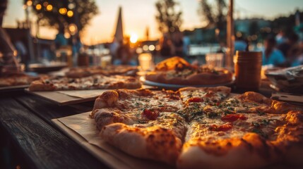 Delicious pizza slices are arranged on wooden tables as the sun sets over a beautiful waterfront. Friends enjoy the warm evening surrounded by lively conversations and laughter.