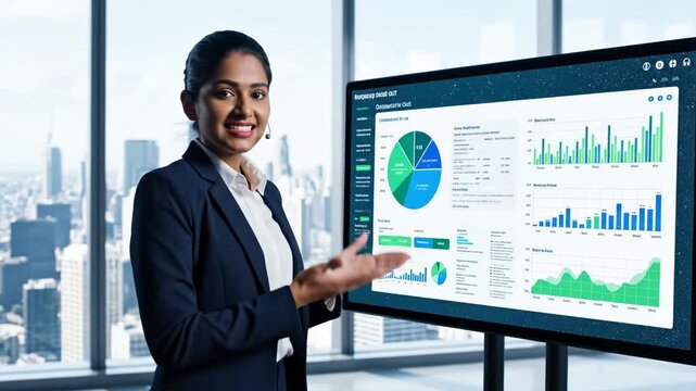 Businessperson presenting financial data on large screen in modern office with cityscape view Person gestures toward display showing charts and graphs Static camera shot - Powered by Adobe