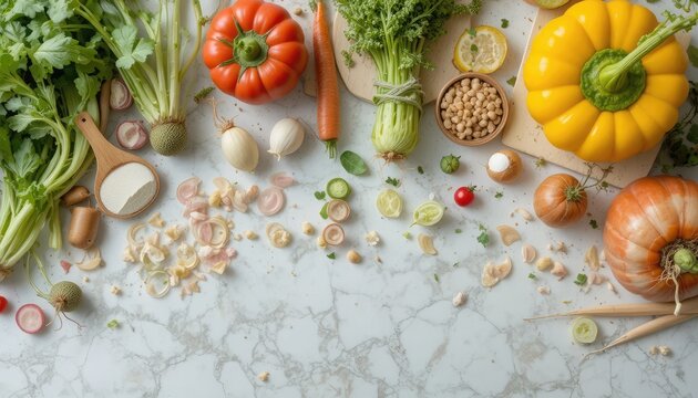 Fresh garden vegetables beautifully arranged on marble countertop ready for healthy meal