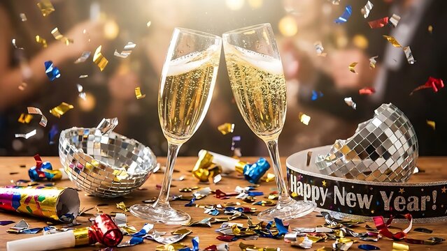Champagne toast with confetti and disco balls for New Year's - Powered by Adobe