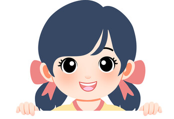 Cheerful cartoon girl illustration with a happy smile peeking over a clean white board. Ideal for educational content, playful messages, or engaging designs for children