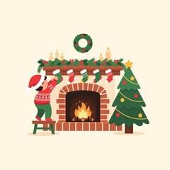 Adorable child hangs Christmas stocking by cozy fireplace with lit candles