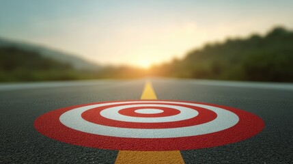 Circular red target design on asphalt road with scenic background and soft sunrise lighting creating a sense of direction and purpose in life journey