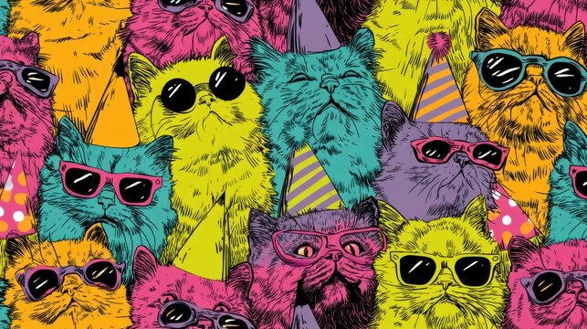 Brightly colored cats adorned with sunglasses and festive party hats gather together for a lively celebration showcasing a playful and cheerful atmosphere.