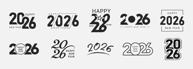 Set of 2026 new year logo. Creative set of Happy New Year 2026 black and white vector design