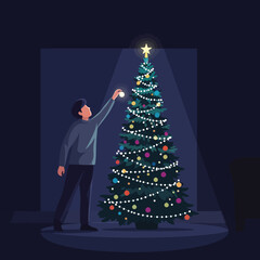 Young man decorating a colorful Christmas tree with ornaments at home