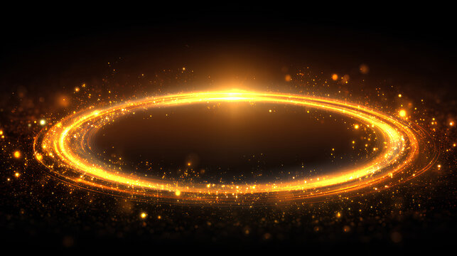 Round, background, energy, ring, circle, shine, glow with brilliant neon spark, electric fire flash over futuristic night space, radiant gold magic beam and glowing illumination