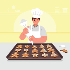 Chef decorating festive gingerbread cookies with frosting for the holidays