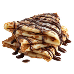 Delicious stack of crepes drizzled with rich chocolate sauce on a plain background
