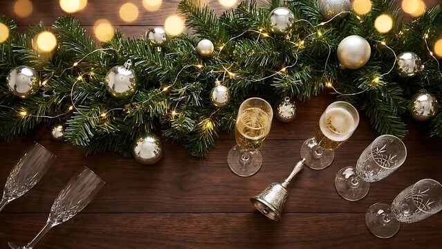 Christmas Table Setting With Champagne And Ornaments