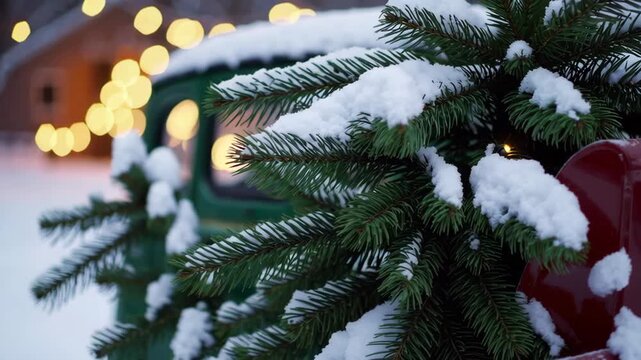 Snowcovered pine in rustic winter scene with vintage truck and festive lights
