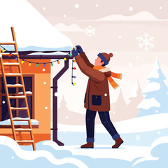 Man decorating house with festive Christmas lights in snowy winter scene