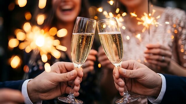 Couple toasting champagne with sparklers at celebration - Powered by Adobe