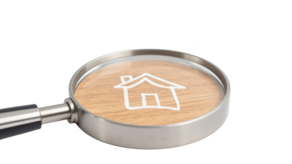 Magnifying glass focuses on wooden surface with house icon, symbolizing home search or real estate exploration