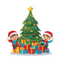 Happy kids celebrating Christmas with presents and decorated tree