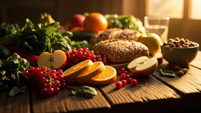 Still life with assorted fruits, vegetables, bread on wood table