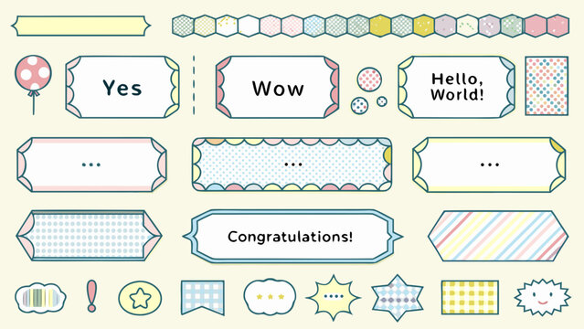 Colorful speech bubbles banners and decorative elements in a playful design