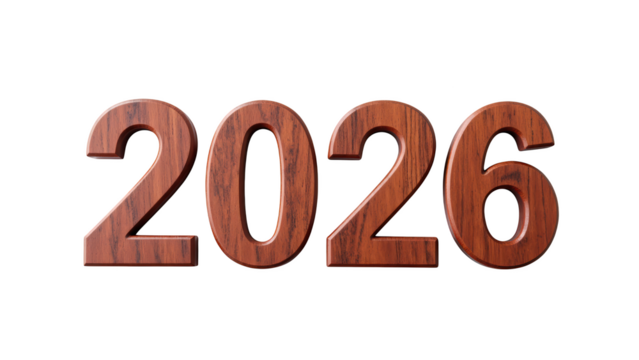 Wooden numbers 2026 displayed prominently, showcasing polished finish and rich texture, symbolizing upcoming year with elegance and style