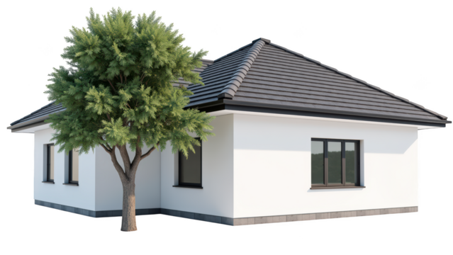 Modern house design with sloped roof and large windows, surrounded by greenery, creating serene atmosphere