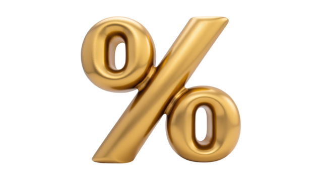 Golden percentage symbol, shiny and reflective, representing finance and discounts, ideal for marketing and promotional materials