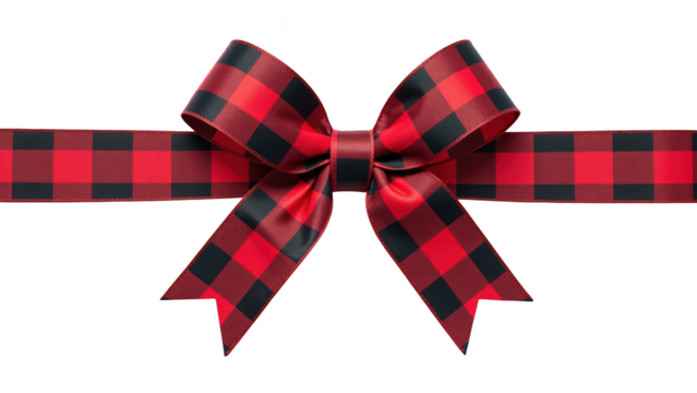 Red and black checkered ribbon bow decorative accessory gift wrapping festive design holiday decoration fabric texture stylish appearance