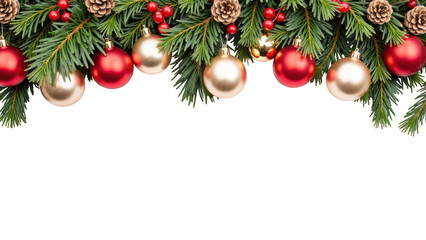 Fototapeta premium Festive Christmas decorations featuring pine branches, red and gold ornaments, and pine cones create joyful holiday atmosphere