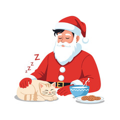 Santa taking a nap with his cat, cookies, and milk after Christmas Eve