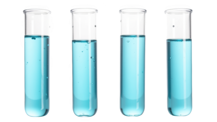 Clear test tubes filled with blue liquid, showcasing scientific experiment or laboratory setting. vibrant color and clarity evoke sense