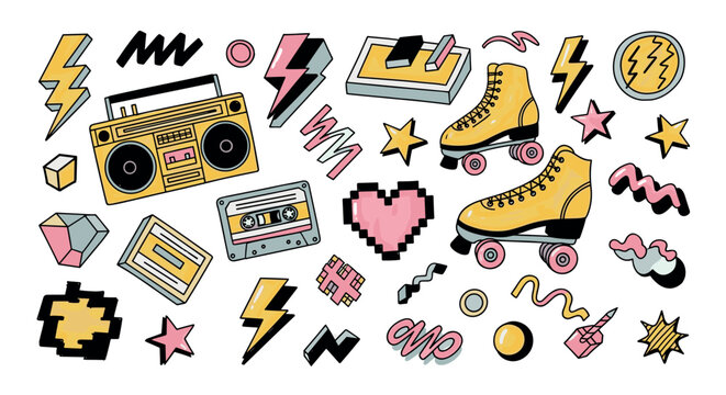 Collection of retro 80s style doodles featuring a boombox, roller skates, and cassette tapes in a fun, colorful hand-drawn illustration set with stars and lightning bolts