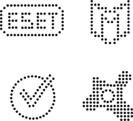 Pixelated digital icon set featuring eset text, security shield, validation checkmark, abstract network symbol for tech themes. isolated on white background